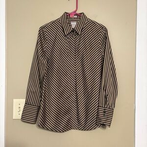 Chicos No Iron Sateen Imperial Stripe Button Front Blouse Black Tan Cotton Small